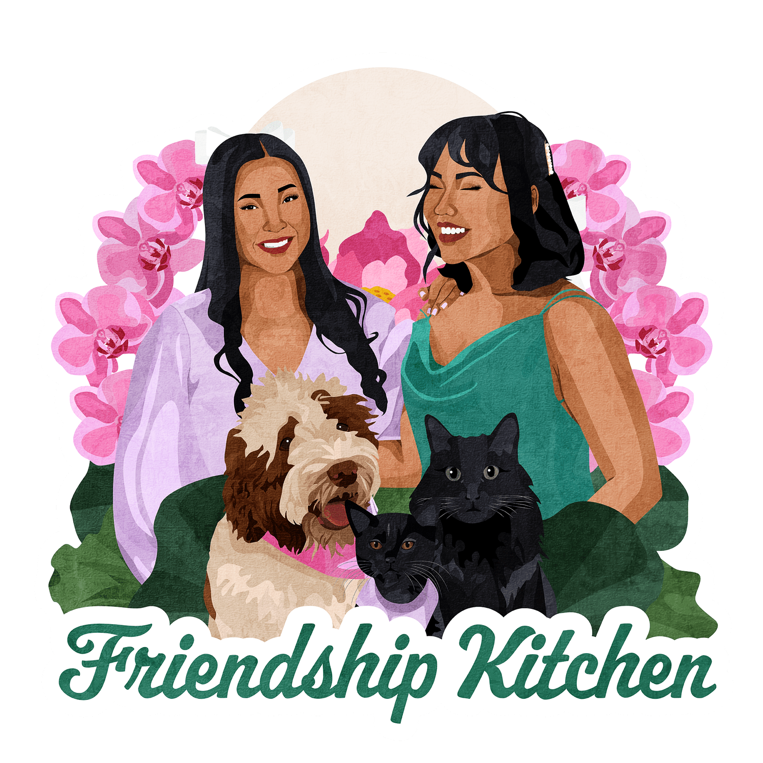 Illustrated Friendship Kitchen portrait of Trang, Wei-En, and their pets